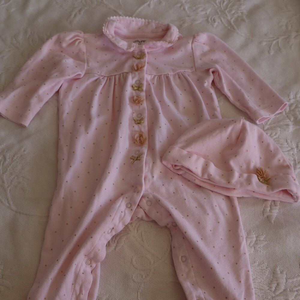 Little Me Pink and Gold sleeper with matching beanie hat cap rose sparkle